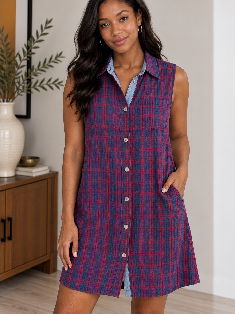 Karen Scott Sleeveless Plaid Button-Front Dress - Blue & Pink